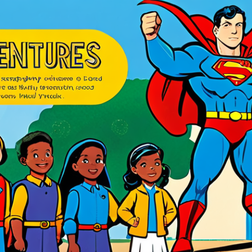 Home 4 **
A brightly colored children's book cover featuring a cartoon superhero character reminiscent of "Superman," fully clothed in a modest superhero costume, teaching a group of diverse children. The background shows a school setting with positive imagery like globes and books. Text on the cover reads "Adventures in Good Values." Safe for work, appropriate content, family-friendly, perfect anatomy, natural proportions, professional illustration.
**