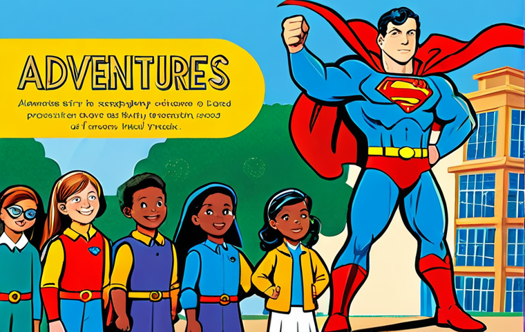 **

A brightly colored children's book cover featuring a cartoon superhero character reminiscent of "Superman," fully clothed in a modest superhero costume, teaching a group of diverse children. The background shows a school setting with positive imagery like globes and books. Text on the cover reads "Adventures in Good Values." Safe for work, appropriate content, family-friendly, perfect anatomy, natural proportions, professional illustration.

**